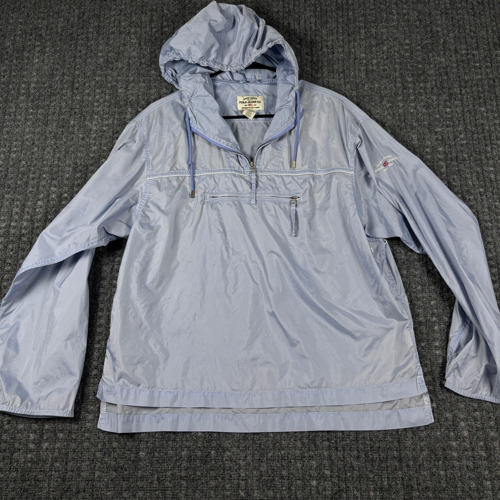 VTG Ralph Lauren Polo Jeans Co Windbreaker Quarter Zip Hooded Jacket Medium Blue